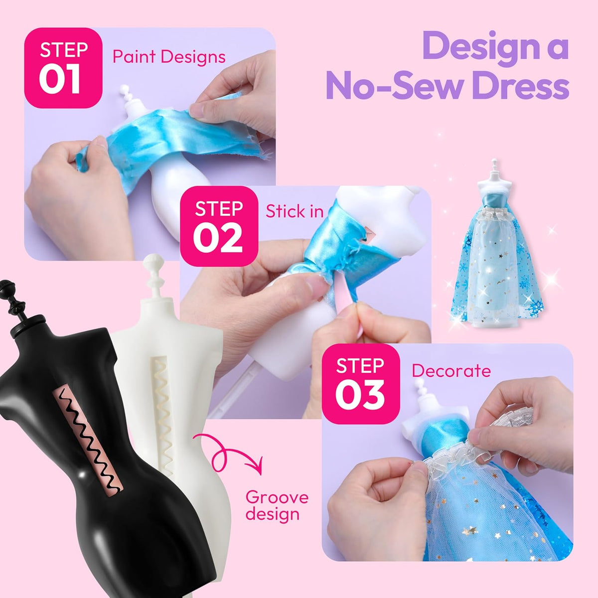 400+PCS Fashion Design Crafts for Kids, Art and Crafts, DIY Sewing Kits with 3 Mannequins for Girls Aged 8-12, Toys for Kids, Birthday Presents, Doll Clothes