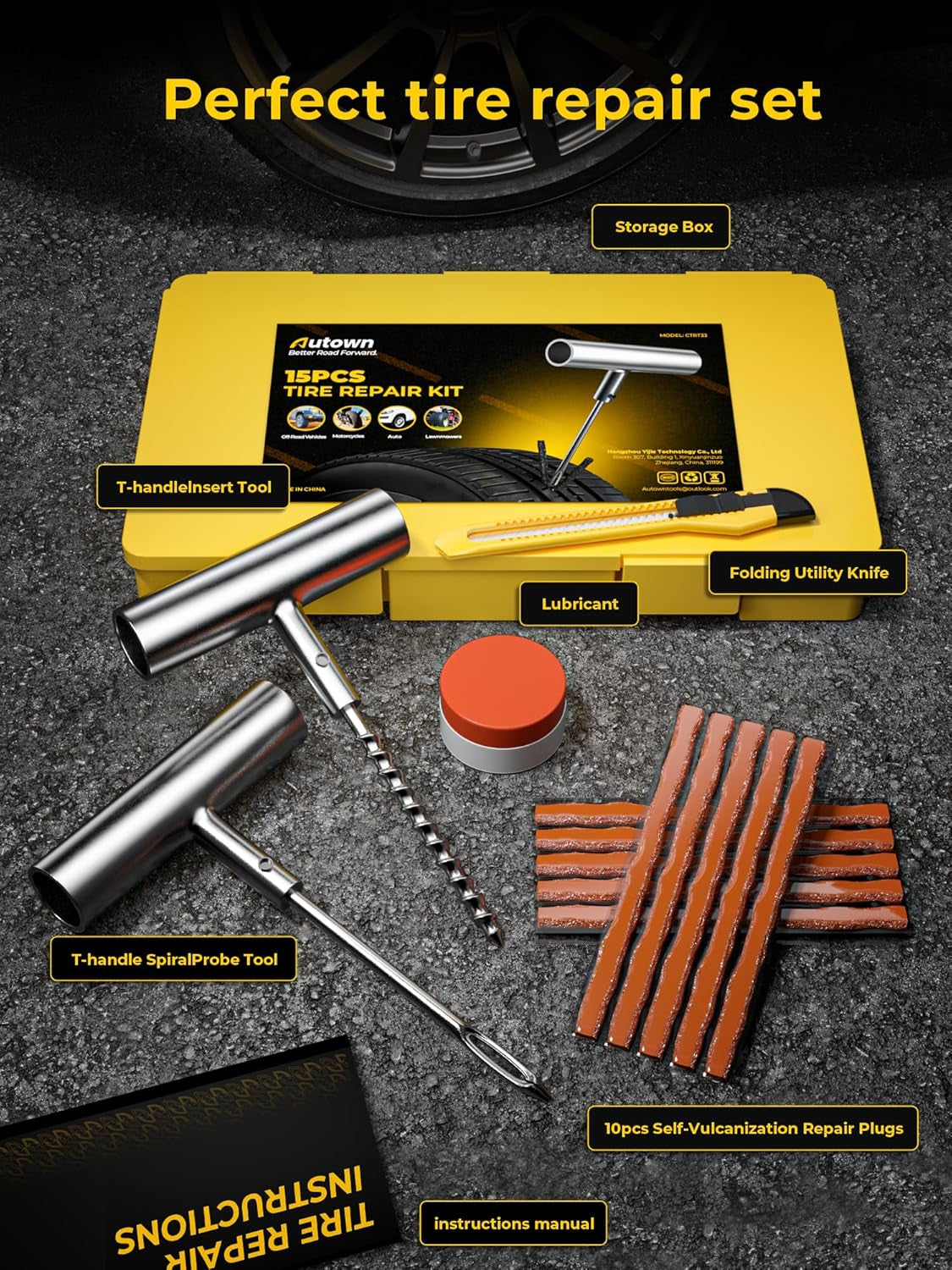 Flat Tire Repair Kit 15Pcs, Heavy Duty Tire Plug Kit to Fix Puncture