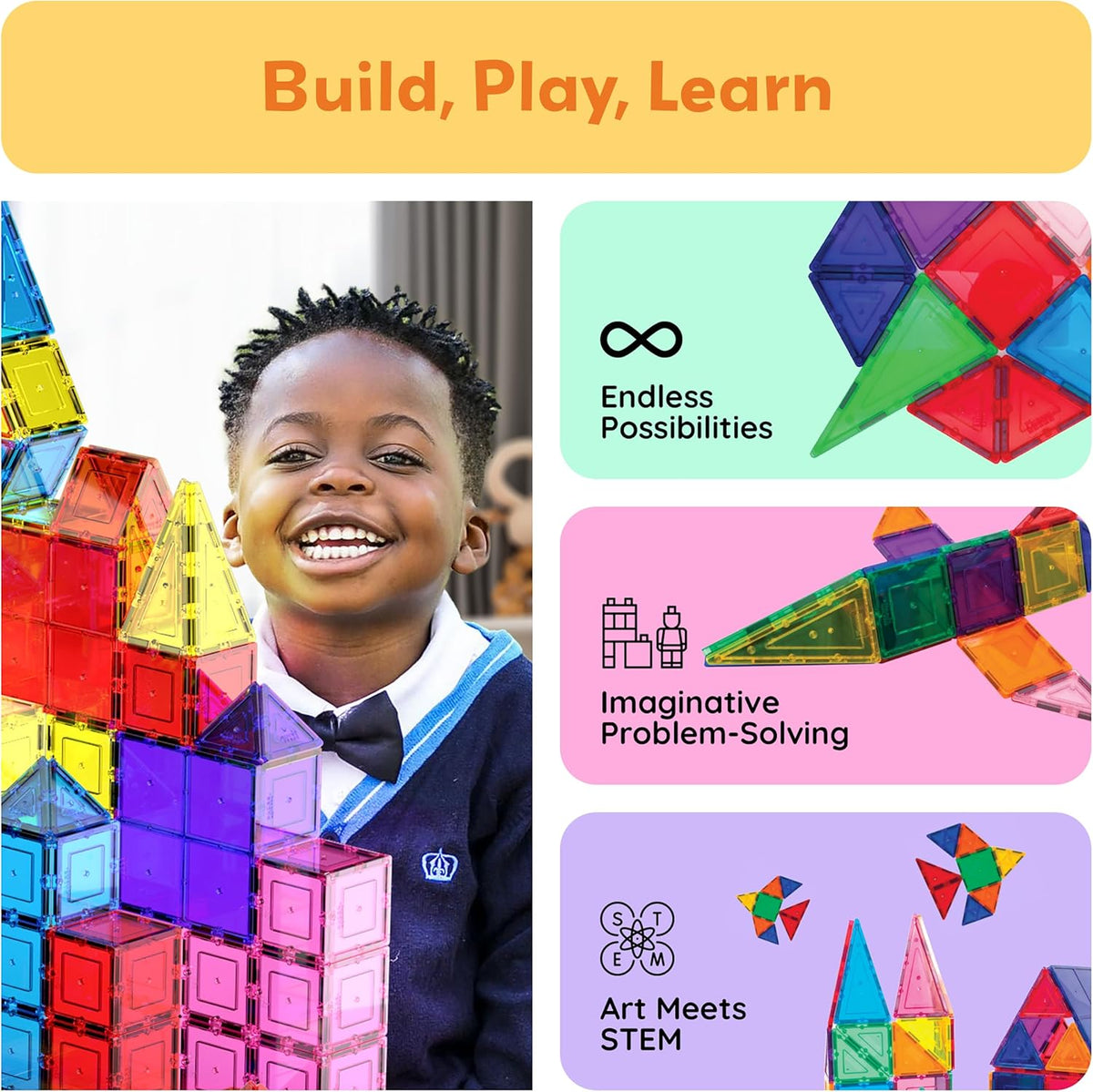 100 Piece Magnetic Tiles, Clear 3D Building Blocks for Kids 3+