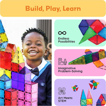 100 Piece Magnetic Tiles, Clear 3D Building Blocks for Kids 3+