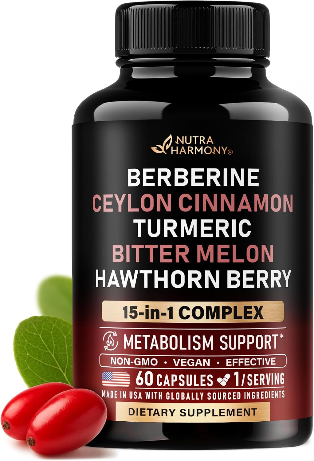 Berberine with Ceylon Cinnamon, Bitter Melon, Hawthorn & Turmeric, 60 Caps
