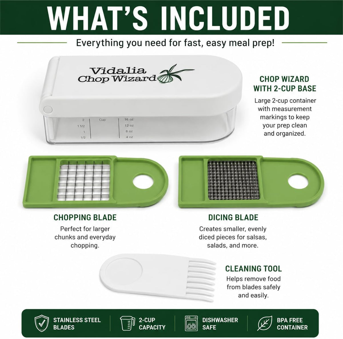 Vegetable Chopper – Original as Seen on TV Food Dicer with 2 Stainless Steel Blades, Large 2-Cup Container, Cleaning Tool, Dishwasher Safe Onion & Vegetable and Fruit Cutter