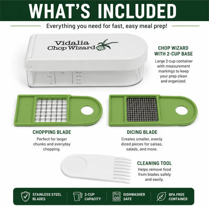 Vegetable Chopper – Original as Seen on TV Food Dicer with 2 Stainless Steel Blades, Large 2-Cup Container, Cleaning Tool, Dishwasher Safe Onion & Vegetable and Fruit Cutter