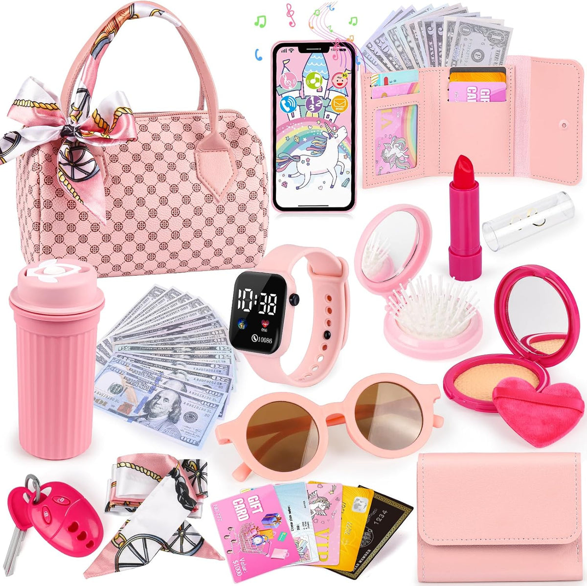 Play Purse with Watch, Phone, Pretend Play Toys for Girls Ages 3-8