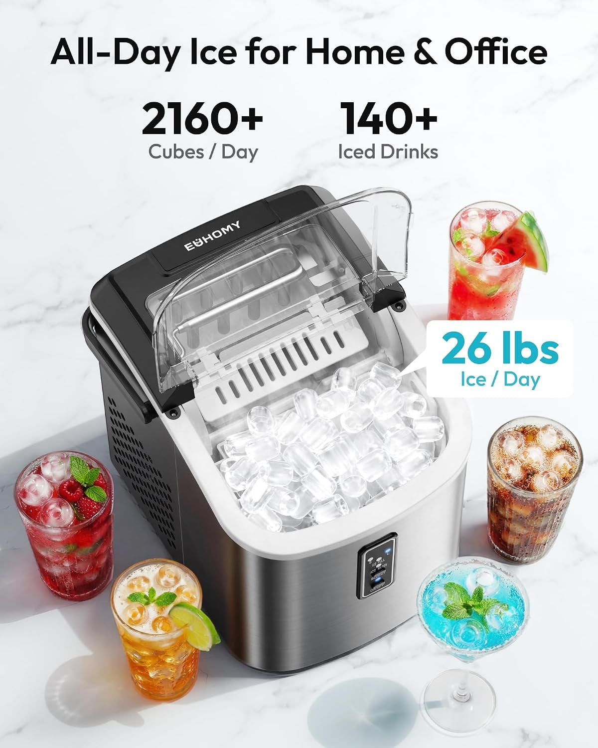 Ice Maker Countertop, 9 Cubes Ready in 6 Mins, 26Lbs/24H, Self-Cleaning, Portable Ice Maker Machine with Carry Handle, Basket and Scoop, 2 Sizes of Bullet Ice for Home, Kitchen, Office