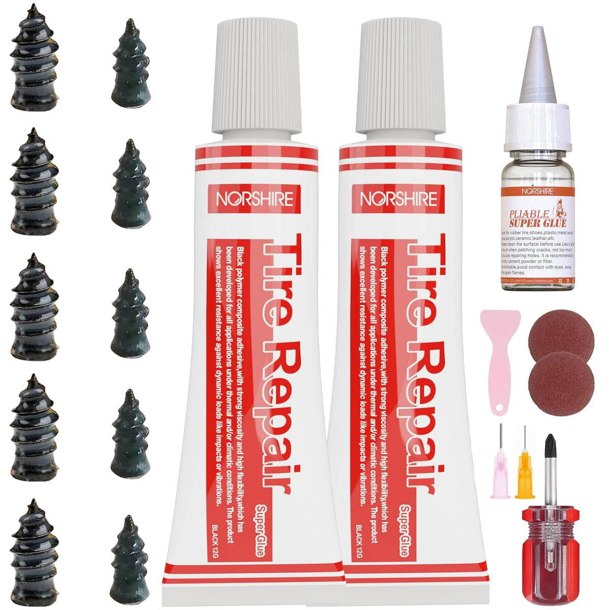 Tire Repair Screw Kit, 10 Self-Sealing Screw-In Tire Plugs with Screwdriver and 3 Repair Adhesives, Quick Tubeless Tire Puncture Repair for Car, Motorcycle, Truck, ATV and Tractor