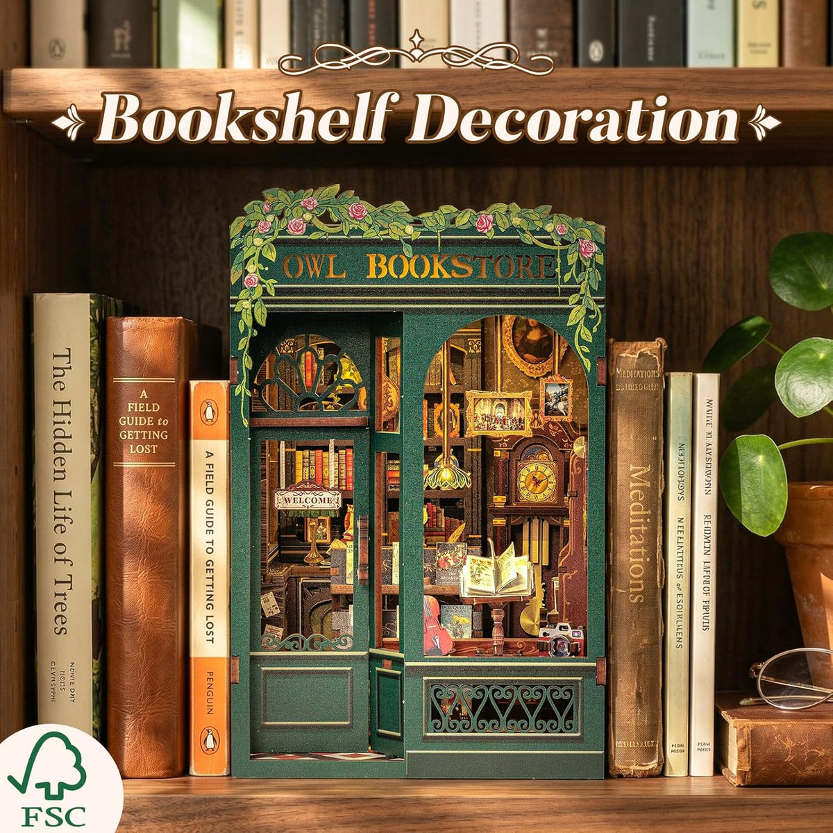 Book Nook Kit - DIY Miniature House Kit for Adults, Teens and Beginners, Dollhouse Booknook Library Tiny House Bookshelf Decor 3D Wooden Puzzle, Gifts for Family, Friends (Owl Bookstore)