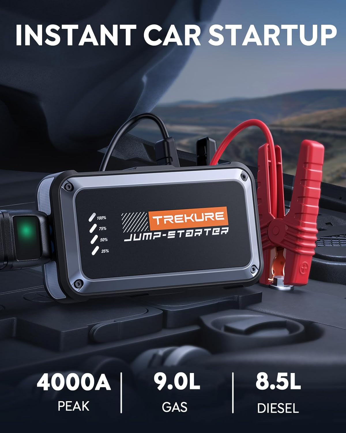Portable Car Battery Jump Starter 4000A 16800Mah Jump Box, Car Battery Jumper Starter Portable Jumper Cables for Car(8.0L Gas/6.5L Diesel), Fast Charge, Lights, Compact