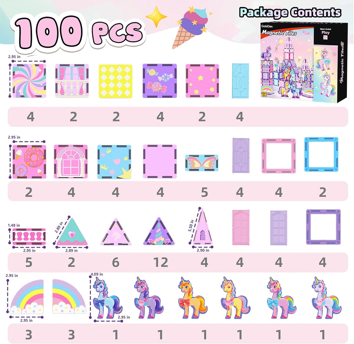 100PCS Magnetic Tiles Unicorn Toys Building Set with 6 Unicorns