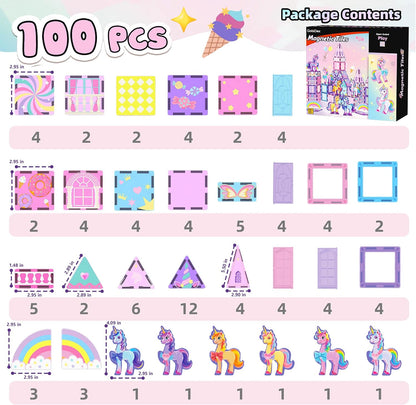 100PCS Magnetic Tiles Unicorn Toys Building Set with 6 Unicorns