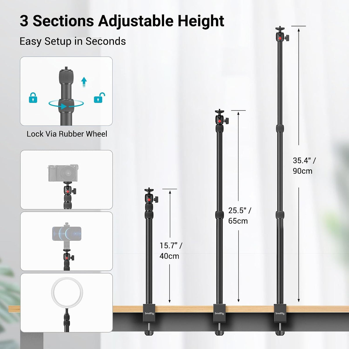 SMALLRIG Camera Mount C Stand, 15"-35" Adjustable Desk Clamp Table Tripod