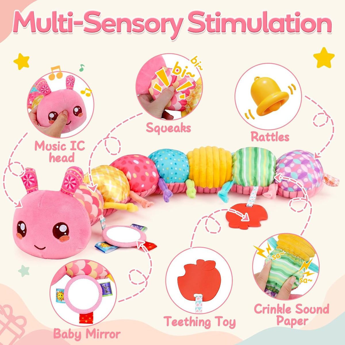 Baby Sensory Toys 0-6 Months Musical Stuffed Caterpillar Tummy Time Toys