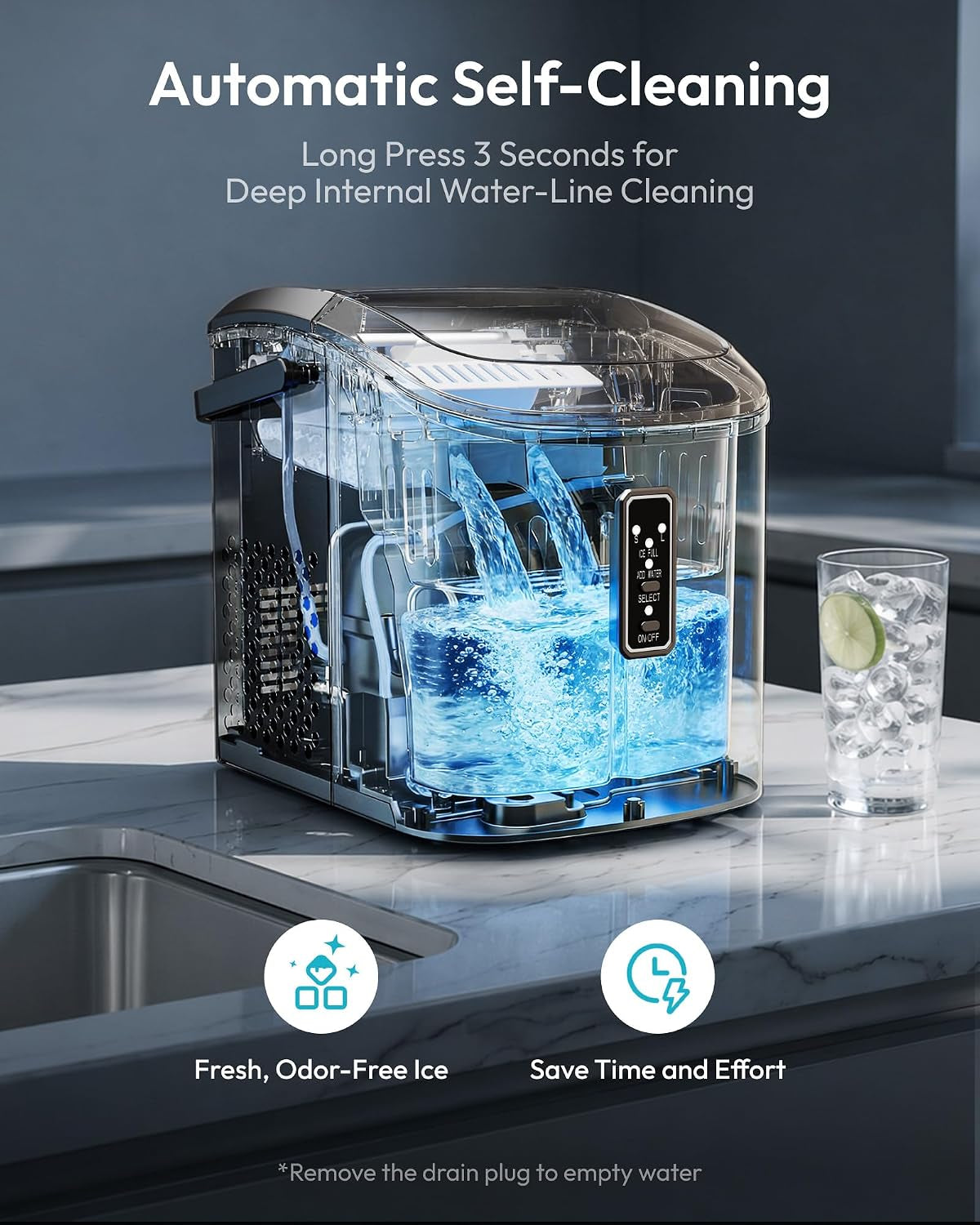 Ice Maker Countertop, 9 Cubes Ready in 6 Mins, 26Lbs/24H, Self-Cleaning, Portable Ice Maker Machine with Carry Handle, Basket and Scoop, 2 Sizes of Bullet Ice for Home, Kitchen, Office