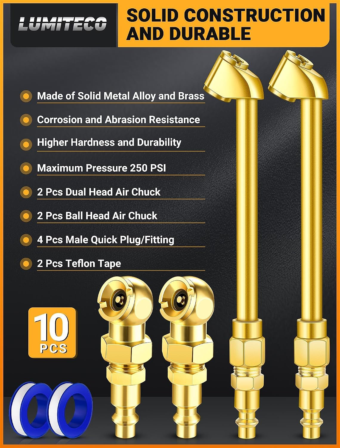 2 Pack Heavy Duty Air Chuck Set-1/4 Inch Female NPT Closed Ball Tire Chuck, Dual Head Air Chuck and Standard Male Quick Plug, Tire Air Fill Kit for Tire Inflator Gauge and Air Compressor