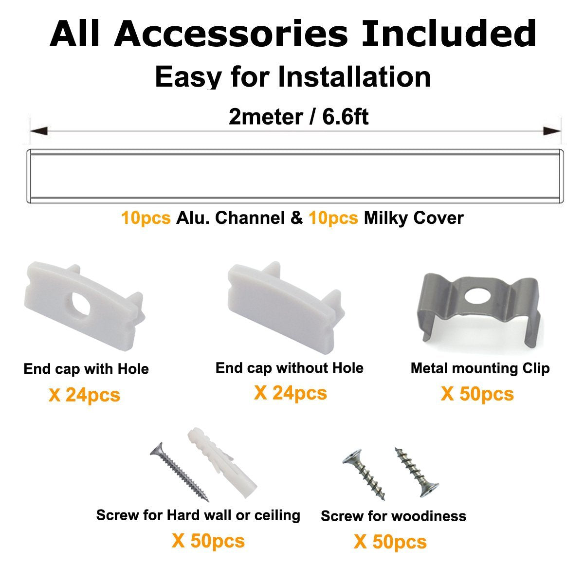 10-Pack 6.6Ft/ 2Meter U Shape LED Aluminum Channel System with Milky Cover, End Caps and Mounting Clips, Aluminum Profile for LED Strip Light Installations, Very Easy Installation
