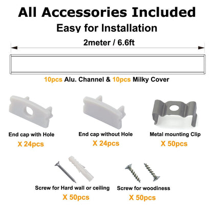 10-Pack 6.6Ft/ 2Meter U Shape LED Aluminum Channel System with Milky Cover, End Caps and Mounting Clips, Aluminum Profile for LED Strip Light Installations, Very Easy Installation