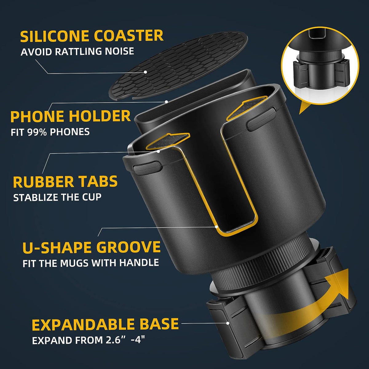 Car Cup Holder Expander with Adjustable Base, Fits Bottles 16-46 OZ