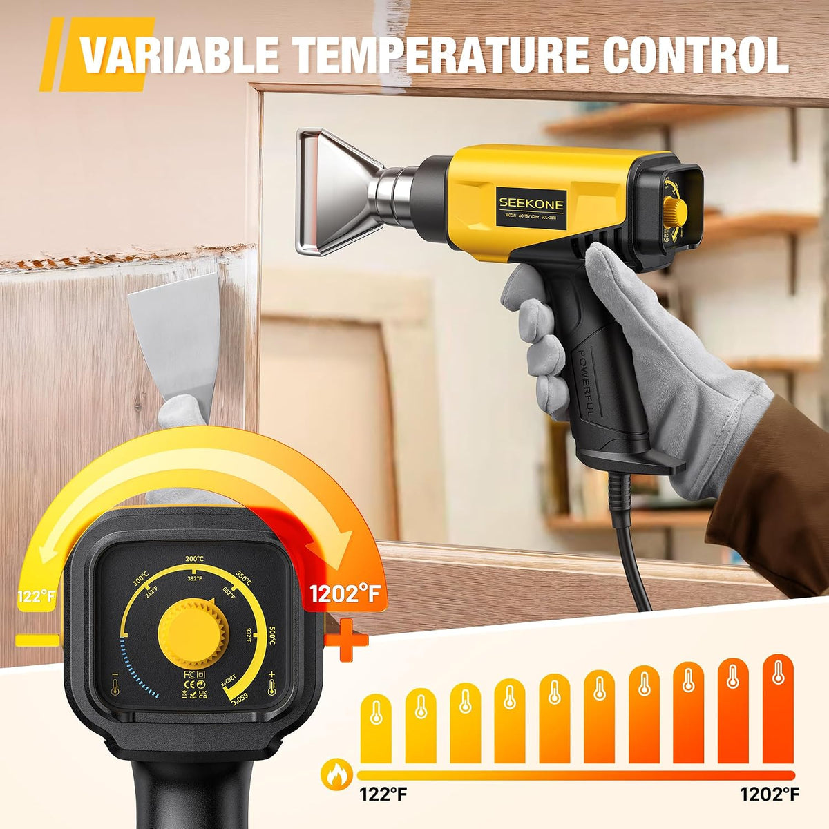 1800W Compact Heat Gun 122℉-1202℉ Variable Temp for Crafting