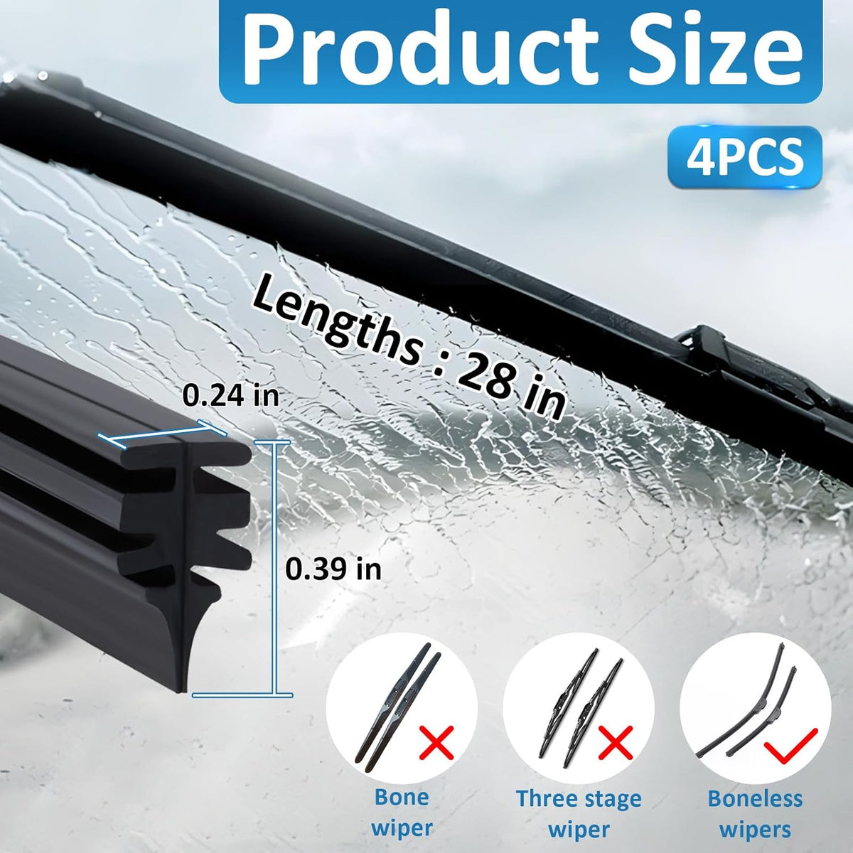 4Pcs Wiper Blade Refill, 28 Inch DIY Adjustable Wiper Blade Refill