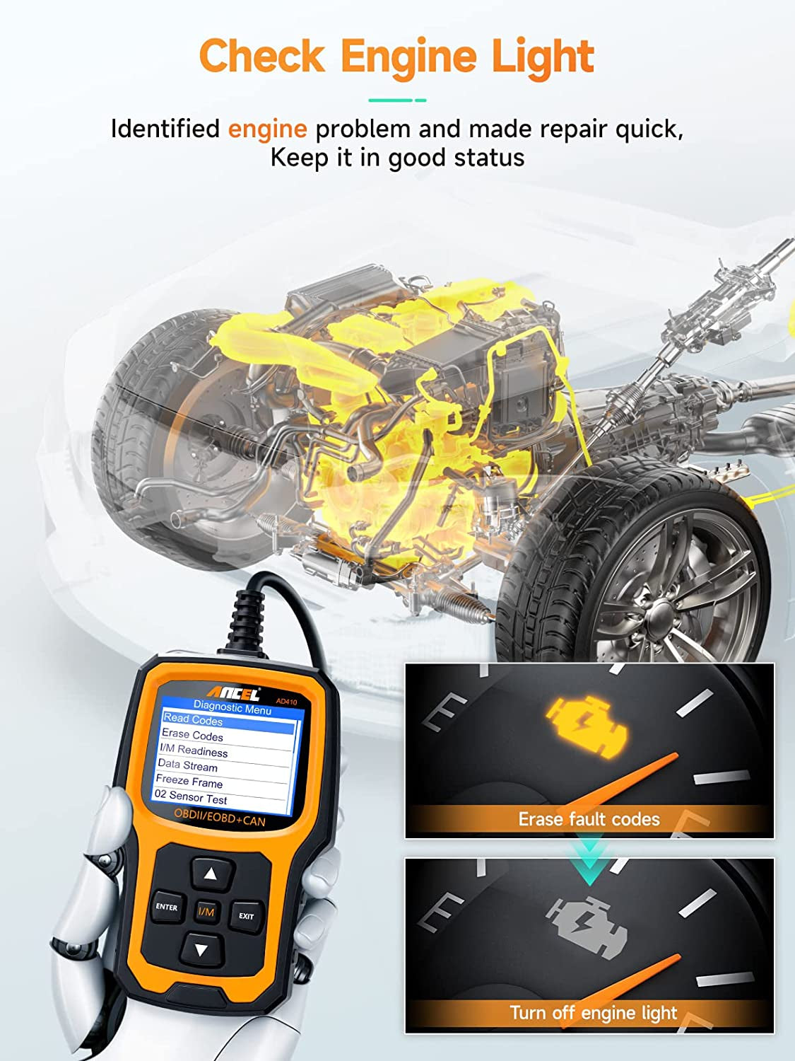 AD410 Enhanced OBD2 Scanner, Vehicle Code Reader for Check Engine Light, Automotive OBD II Scanner Fault Diagnosis, OBDII Scan Tool for All OBDII Cars 1996+, Black/Yellow