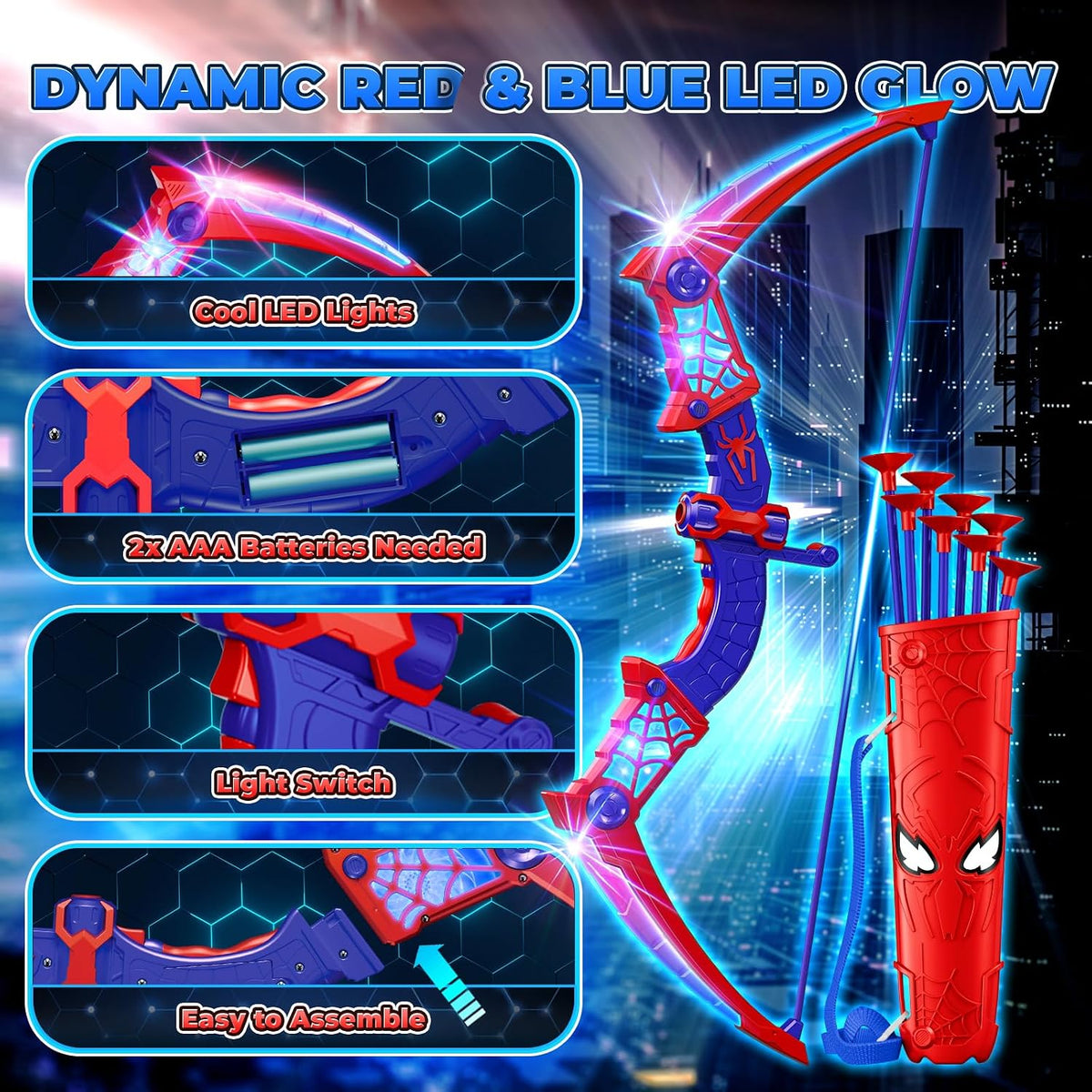 Spider Toys for Boys Age 3-4 4-6 6-8 8-12, Kids Toy Bowarrow Shooting Set with Red & Blue LED Lights, Spider Quiver & Web Target, 8 Suction Cup Arrows, Toys Gifts for 3 4 5 6 7 8 9 10 12 Year Old Boys